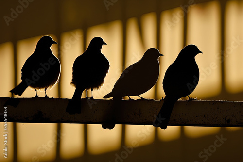 Pigeons silhouetted in the sun's counterlight perched in a row on a perch or a fence. Generative AI photo