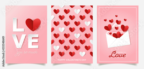 Set of Valentine's Day greeting cards with paper cut hearts and elements.