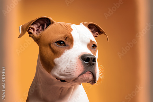 Beautiful Staffordshire Bull Terrier dog in close up photograph. Ginger and white color scheme, alert expression, peach background, open space, and copy. Generative AI photo