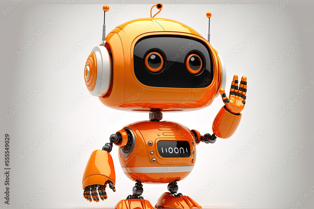 Friendly, endearing, and adorable orange cartoon robot waving its hand. Chatbot welcomes. Chatbots for customer service, online consultants, and assistants. lone on a white background. Generative AI Friendly, endearing, and adorable orange cartoon robot waving its hand. Chatbot welcomes. Chatbots for customer service, online consultants, and assistants. lone on a white background. Generative AI