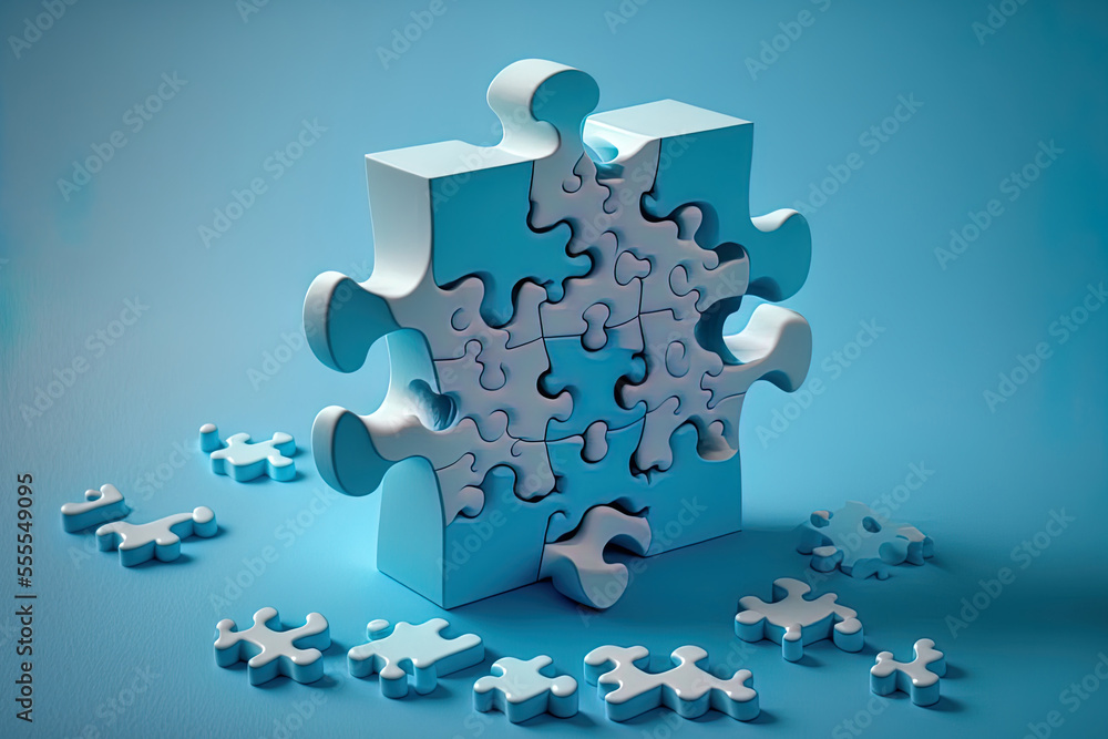 components of a jigsaw puzzle on a blue backdrop. business notion of