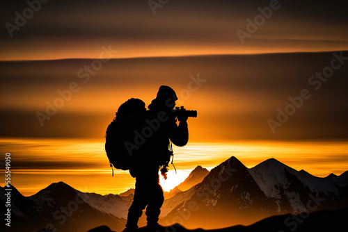 Photographer in silhouette as they capture a mountainous sunset. Generative AI