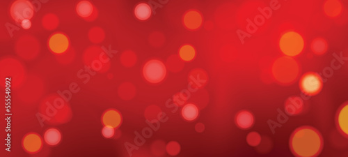 Gold Red Xmas blurred blurry bokeh light background with winter landscape with snowflakes, light, stars. Merry Christmas card. Vector Illustration