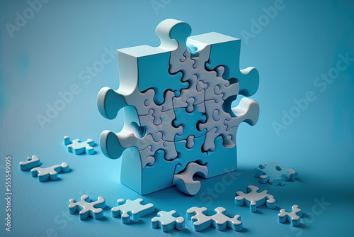 components of a jigsaw puzzle on a blue backdrop. business notion of fixing a problem. Generative AI