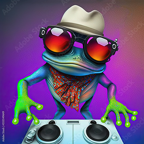 Frog dj in hat and sunglasses Generative AI. Not based on any actual