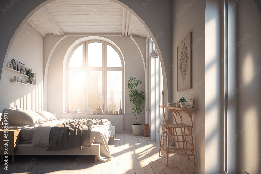 The bedroom and living room apartment's walls are adorned in white tones with wooden furnishings, built in cupboards, and wooden arches, and sunshine streams in through the windows. Generative AI