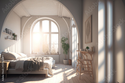 The bedroom and living room apartment's walls are adorned in white tones with wooden furnishings, built in cupboards, and wooden arches, and sunshine streams in through the windows. Generative AI © 2rogan