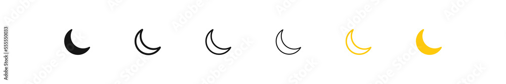 Moon icon. Crescent signs. Night symbol. Dark theme icons. Black and yellow color. Vector sign. Moon icon. Crescent signs. Night symbol. Dark theme icons. Black and yellow color. Vector sign.