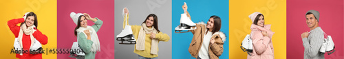 Collage with photos of man and woman with ice skates on color backgrounds, banner design