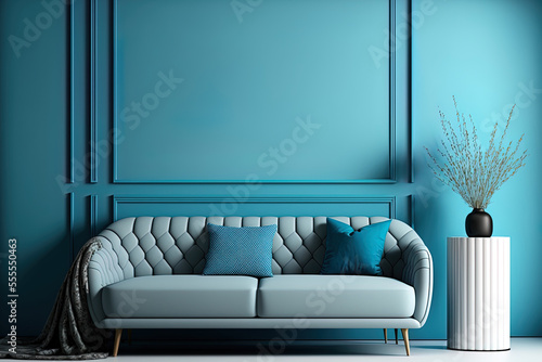 Interior with couch in living room against blank blue wall. Generative AI