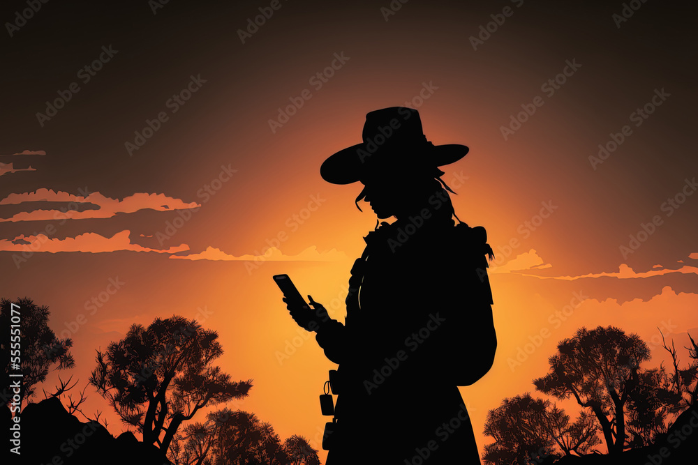 Woman holding mobile phone in silhouette in the wilderness at dusk. Generative AI