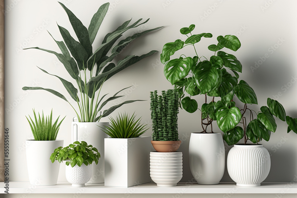 Obraz premium a variety of tropical indoor plants on show in white ceramic pots. exotic house plants in pots on a white shelf next to a white wall. flag in the backyard. Generative AI