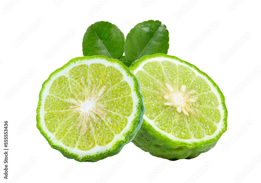 A half of bergamot or kaffir with leaf isolated on transparent png A half of bergamot or kaffir with leaf isolated on transparent png
