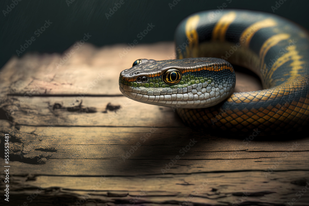 Fototapeta premium Asian vinesnake in a protective stance, up close and in the front view, on a piece of wood. Generative AI