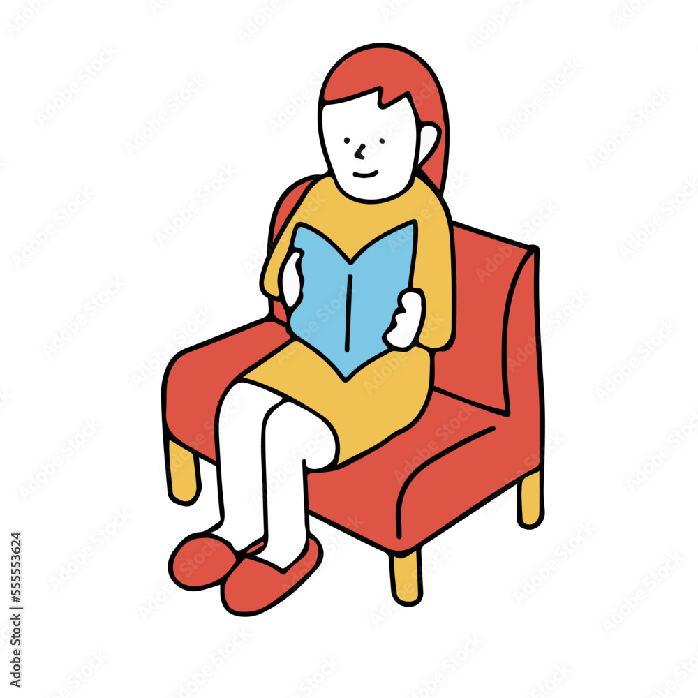 ソファに座って本を読む女性のイラスト