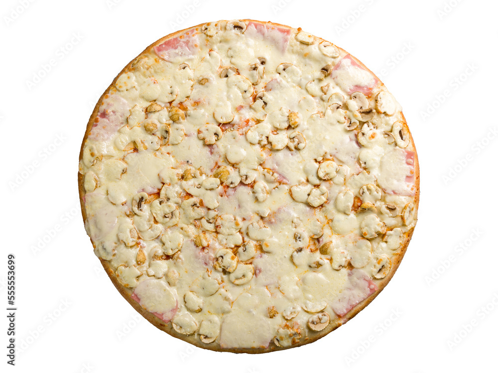 Pizza with ham and mushrooms isolated on white background top view Pizza with ham and mushrooms isolated on white background top view