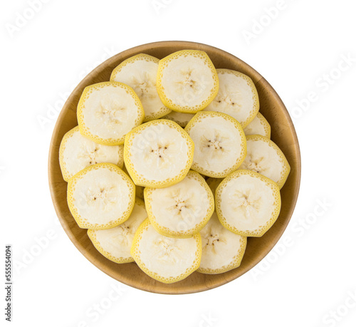 banana slice in wood bowl isolated on transparent png