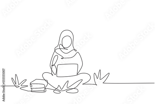 Continuous one line drawing Arabian woman with laptop sitting at the park and typing. Freelance distance learning, online courses, studying concept. Single line draw design vector graphic illustration