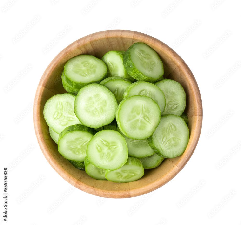 Fresh cucumber slices in wood bowl isolated on transparent png Stock-Foto |  Adobe Stock