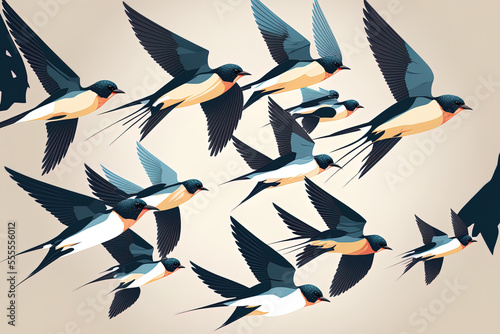 swallows in flight. Bird flying alone on a white backdrop. Illustration in a flat style using s. Generative AI photo