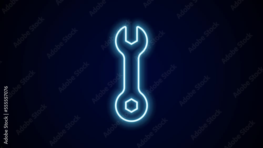 Glowing neon line Wrench spanner icon isolated on black background. Spanner repair tool. Service tool symbol. 4K Video motion graphic animation Glowing neon line Wrench spanner icon isolated on black background. Spanner repair tool. Service tool symbol. 4K Video motion graphic animation