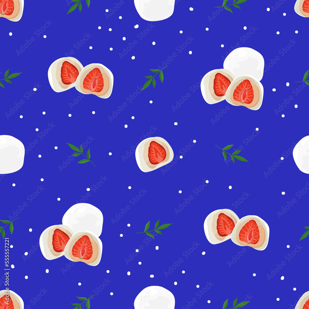 Seamless pattern with mochi. Traditional Japanese dessert. Flat Vector illustration. For textile, scrapbooking, poster, restaurant menu. Seamless pattern with mochi. Traditional Japanese dessert. Flat Vector illustration. For textile, scrapbooking, poster, restaurant menu.