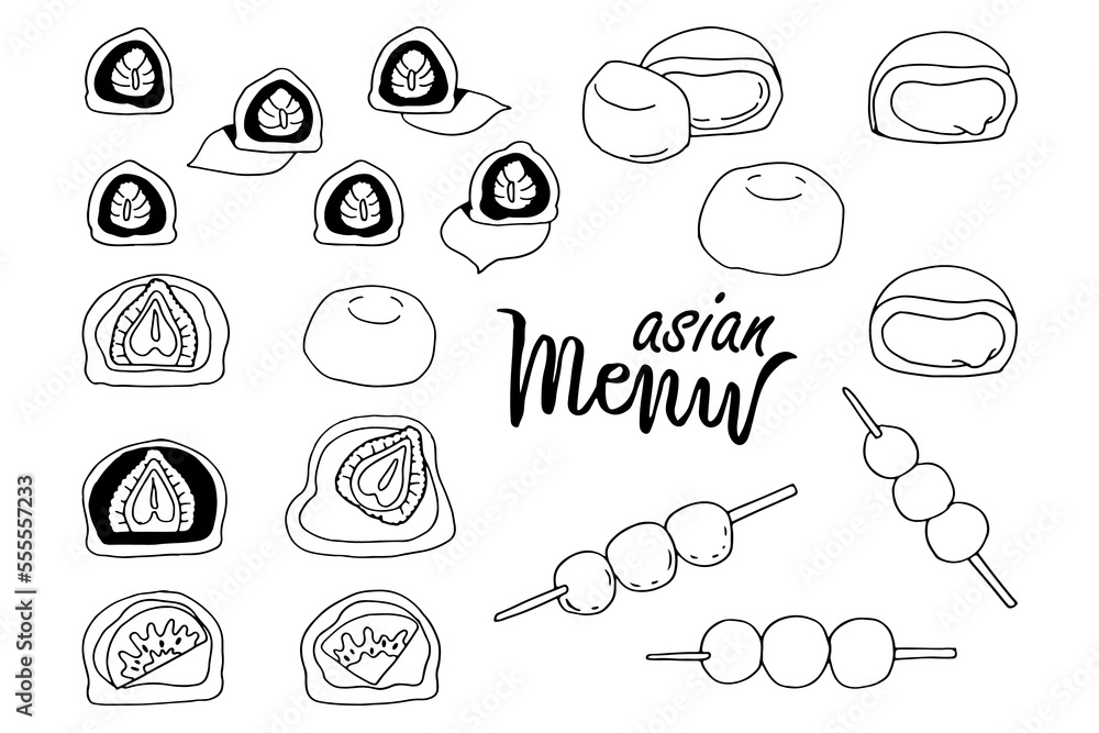 Doodle set of Japanese sweets. Hand drawn sketch of traditional desserts. Vector illustration on white background.