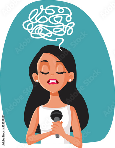 Stressed Panicked Girl Trying to Speak at the Microphone Vector Illustration. Nervous speaker forgetting her words feeling puzzled and speechless 
