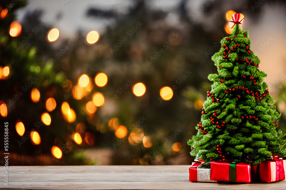 CHRISTMAS PINE TREE WITH DEFOCUSED BOKEH BACKGROUND Generative AI technology