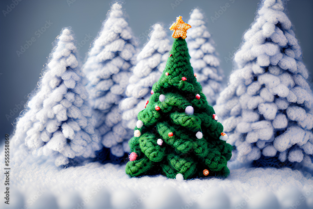 FLUFFY CHRISTMAS PINE TREE WITH DEFOCUSED BOKEH BACKGROUND