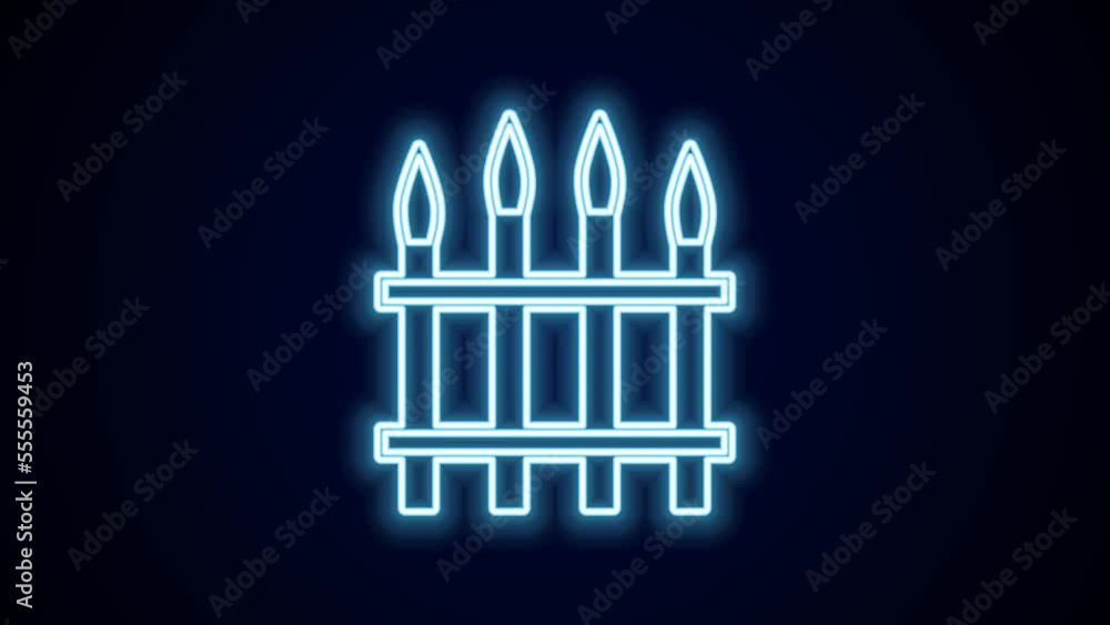 Glowing neon line Classic iron fence with metal pillars icon isolated on black background. Ancient wrought iron fence. 4K Video motion graphic animation Glowing neon line Classic iron fence with metal pillars icon isolated on black background. Ancient wrought iron fence. 4K Video motion graphic animation