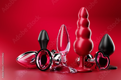 Black  butt anal plugs sex toys on  magenta isolated background. 3D illustration. Empty space for your text