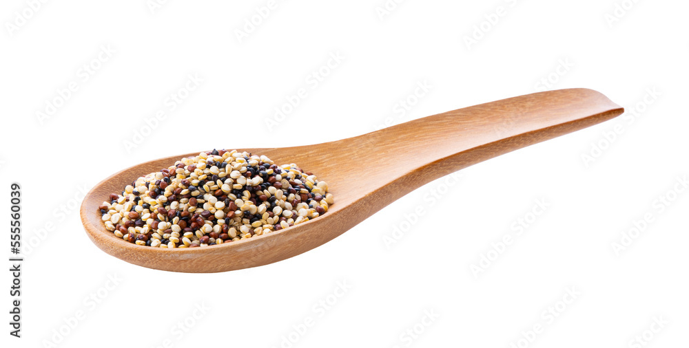 Pile of mixed raw quinoa in wood spoon isolated on transparent png Pile of mixed raw quinoa in wood spoon isolated on transparent png