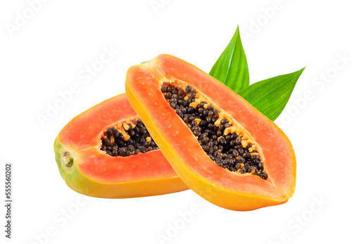 ripe slice papaya with leaf isolated on transparent png