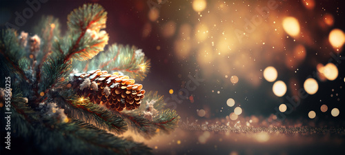 Christmas Fir Tree Branches With Pinecone In Warm Night With Glittering Snow And Defocused Lights In Abstract Background