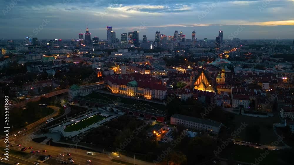 Great panoramic night view of the center and the Old Town of Warsaw - Stare Miasto - from the right bank of the Vistula River. Palace of Culture City center. Aerial Great panoramic night view of the center and the Old Town of Warsaw - Stare Miasto - from the right bank of the Vistula River. Palace of Culture City center. Aerial