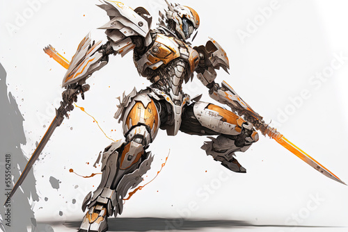 sci fi mech warrior leaping and using a katana blade to strike. Outstretched hand holds a sword. futuristic robot made of metal that is white and gray. mech conflict orange color. on a backdrop of whi photo
