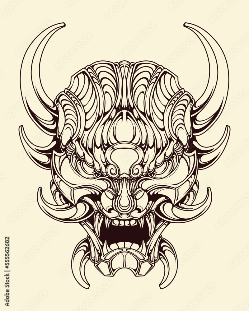 Obraz premium premium vector | Japnese oni mask devil hand drawn illustration