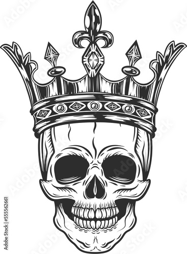 Vintage prince skull in crown monochrome isolated illustration