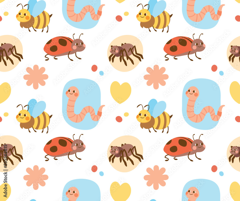 Insects seamless pattern. Repeating design element for printing on fabric. Nature and wild life, fauna and biology. Ladybug, worm and bee with flowers and hearts. Cartoon flat vector illustration Insects seamless pattern. Repeating design element for printing on fabric. Nature and wild life, fauna and biology. Ladybug, worm and bee with flowers and hearts. Cartoon flat vector illustration