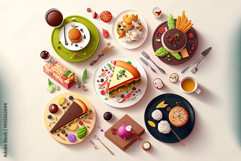 Cartoonish food design flat composition with a top perspective of amusingly presented meals on a white backdrop. Generative AI Cartoonish food design flat composition with a top perspective of amusingly presented meals on a white backdrop. Generative AI