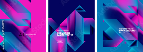 Vector set of abstract geometric poster backgrounds, colorful shapes with fluid colors. Collection of covers, templates, flyers, placards, brochures, banners