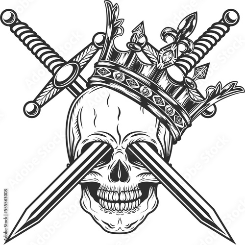 Vintage prince skull in crown with knight sword monochrome isolated illustration