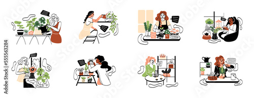 Set of women caring about interior potted plants