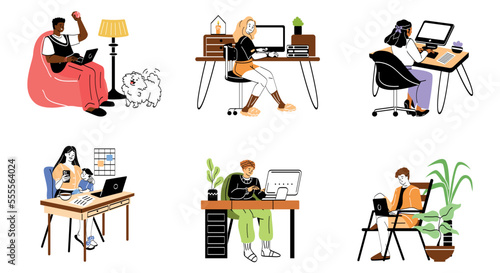 Set of people working at home