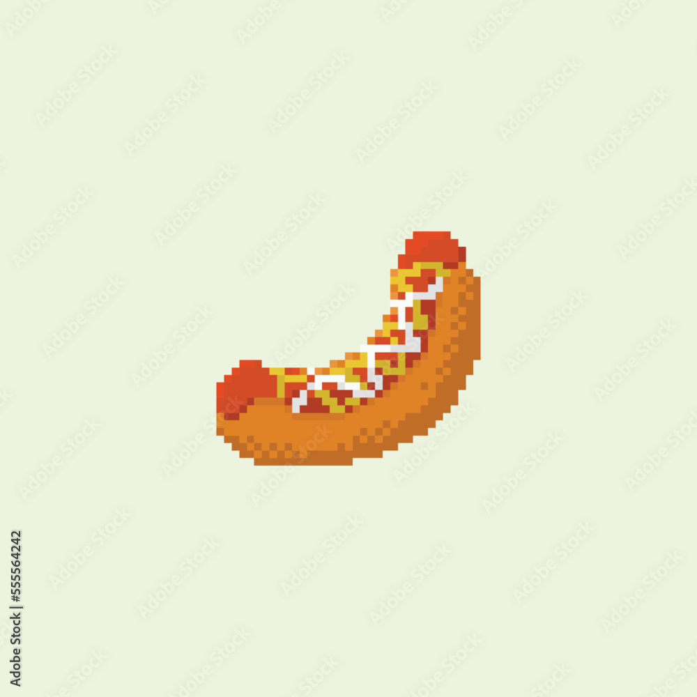 illustration vector graphic of hot dog with pixel art style, colorfull and good for your project. illustration vector graphic of hot dog with pixel art style, colorfull and good for your project.