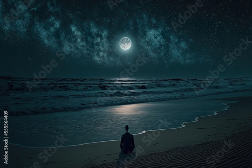 Someone alone, doing meditation on the beach at night. Generative AI