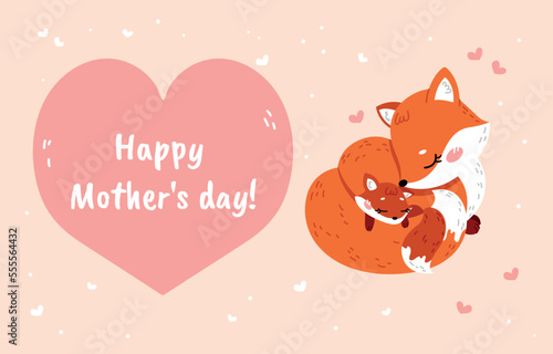 Mothers day concept. Parenthood and childhood, mother hugs child. Holiday and festival, tenderness and care, good relations in family. Foxes and forest dwellers. Cartoon flat vector illustration