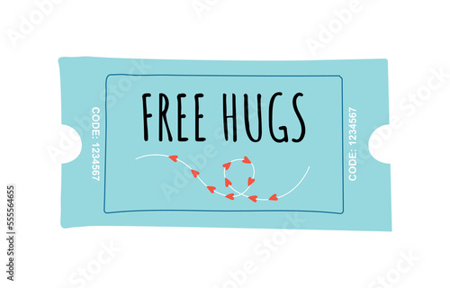 Free hugs coupon. Graphic element for website. template, layout and mockup. Gift or surprise for girlfriend or boyfriend, romantic surprise. Care and love, voucher. Cartoon flat vector illustration