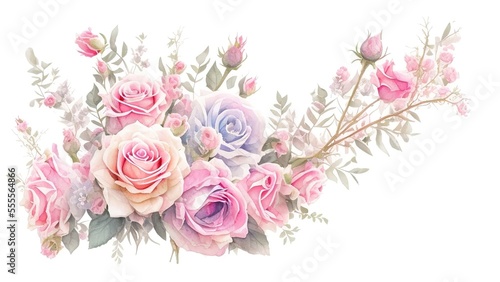 Pink roses watercolor illustration  Blush and Mint floral bouquet set isolated on white background.